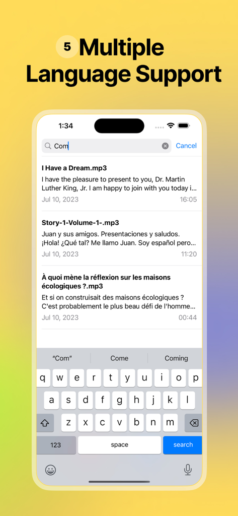 Whisper Transcribe - Dictation - Screenshot showing Whisper Transcribe app with transcription samples in English, Spanish, and French, highlighting its multilingual support.