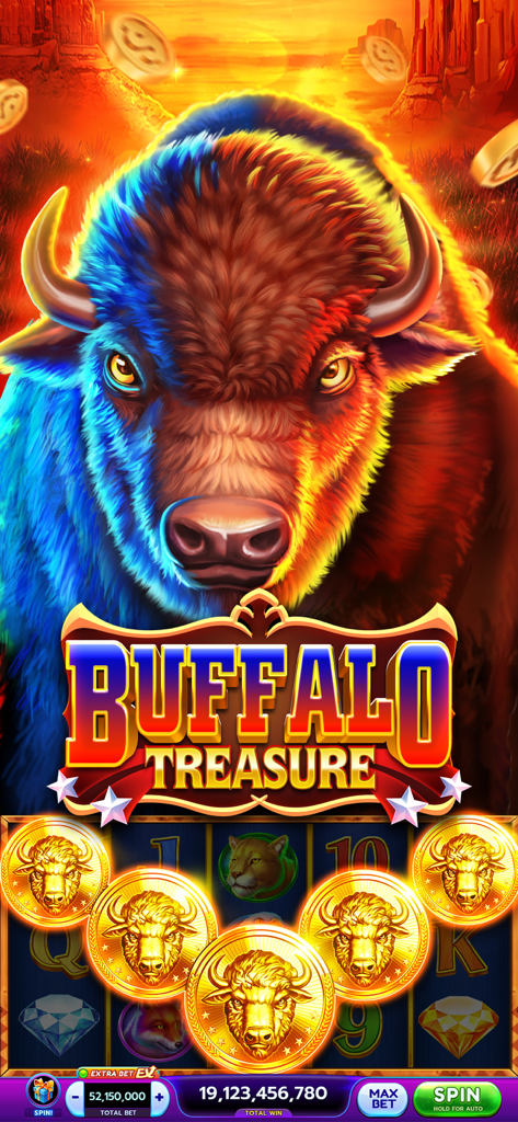 Gameplay screenshot of Buffalo Treasure slot machine in the Slotverse app featuring a large buffalo and golden coins