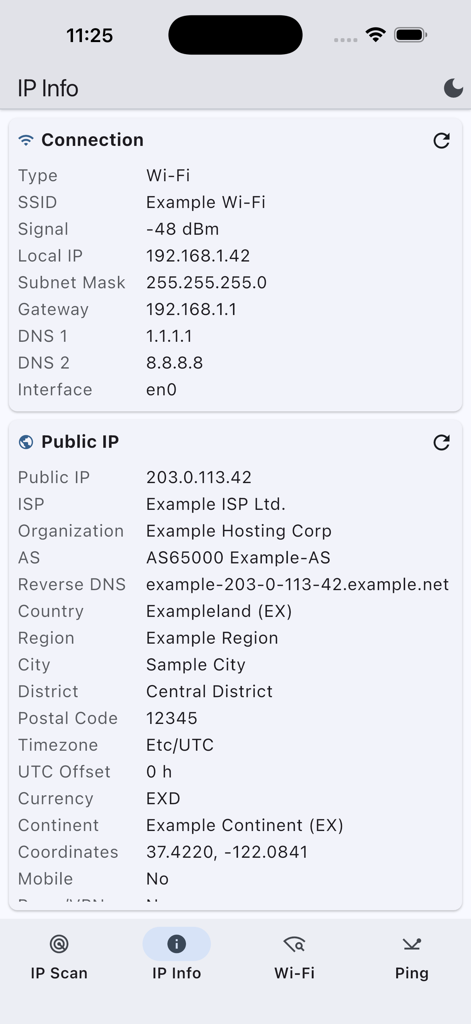 Advanced IP Scanner - Advanced IP Scanner app displaying local connection and public IP address details