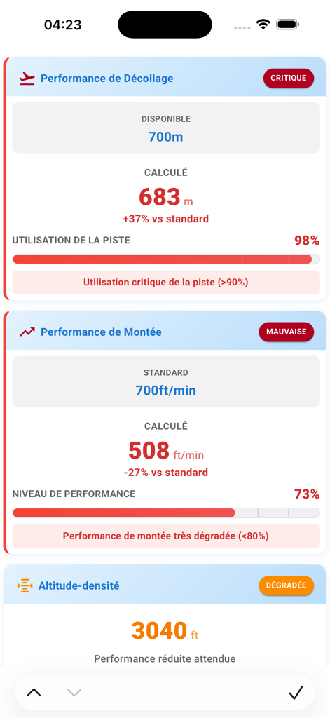 App interface displaying aircraft takeoff distance climb performance and density altitude metrics