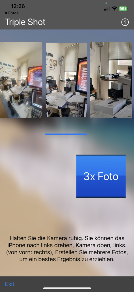 Triple Camera Shot - Triple Camera Shot app interface with three simultaneous lens previews and a 3x capture button.