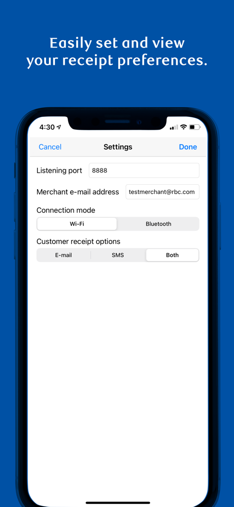 RBC EZPay 2.0 app settings screen for managing receipt preferences and connection modes