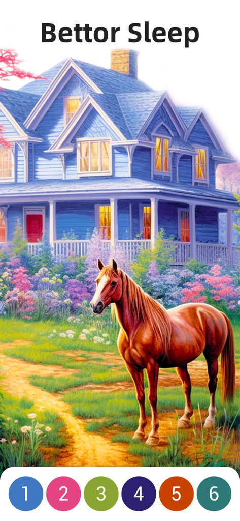 Super Color® - Paint by Number - A digital paint by number screen featuring a brown horse in a garden with a blue house for relaxation.