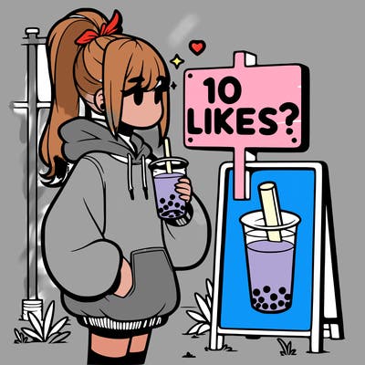 girl with oversized hoodie drinking boba and she has a high ponytail with a sign that says 10likes?