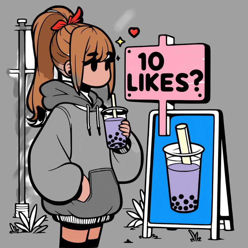 girl with oversized hoodie drinking boba and she has a high ponytail with a sign that says 10likes?