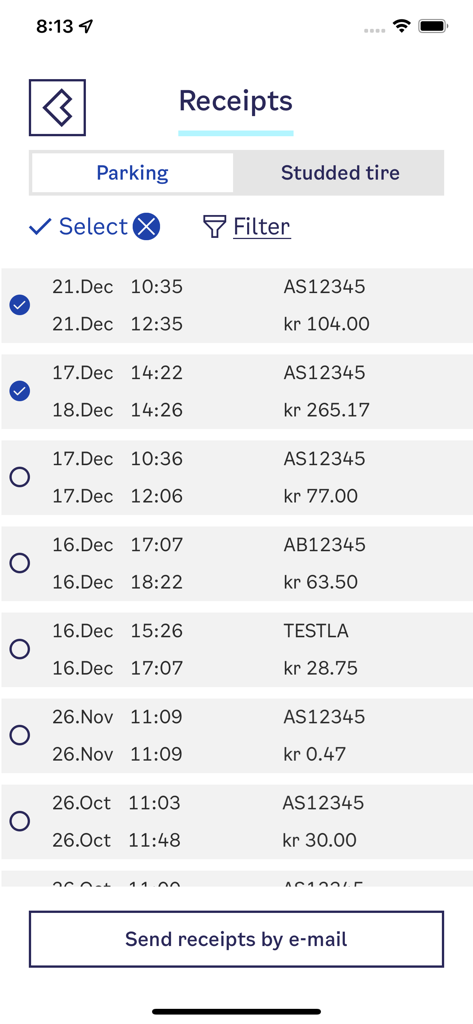 Bil i Oslo mobile app showing a list of parking receipts with dates and payment amounts