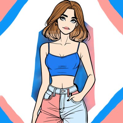 a realistic girl with a crop top and jeans