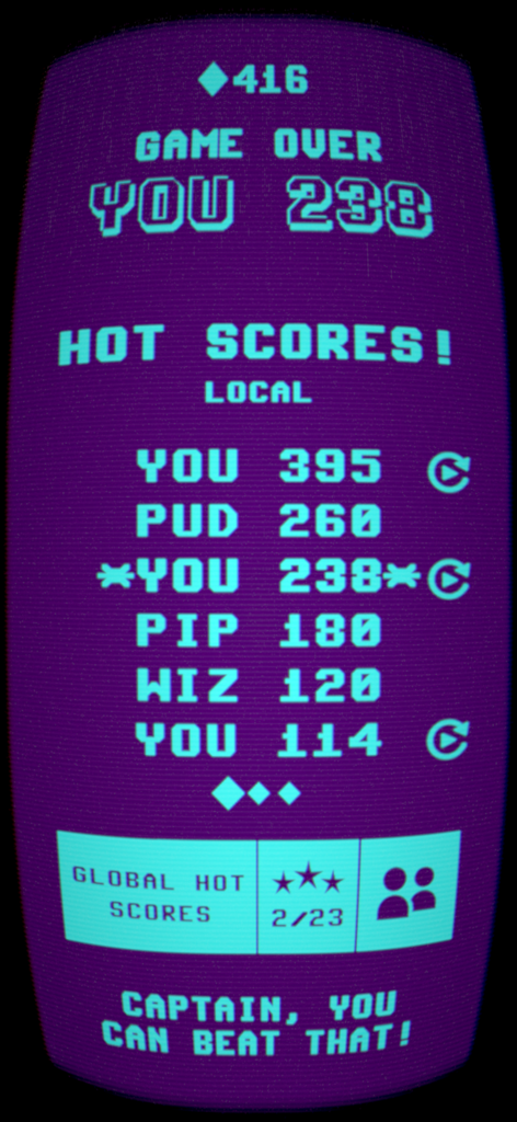 Star Jolt: Retro Space Arcade - Star Jolt game over screen with local leaderboard and high scores