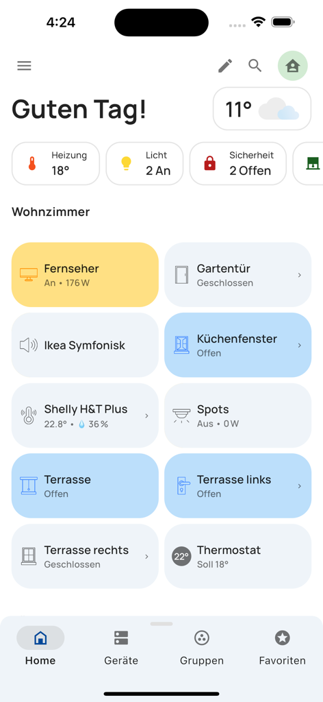 everHome - Dashboard interface of the everHome smart home application showing control tiles for various home devices like lights heating and windows