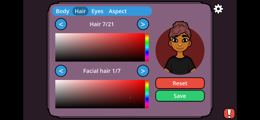 Pantalla de personalización de avatar en la aplicación Caída mostrando opciones de estilo y color de cabello para un personaje