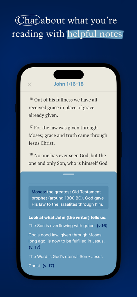 The Word One to One - Captura de tela do aplicativo A Palavra Um a Um exibindo versículos bíblicos de João 1 ao lado de notas explicativas úteis para uma conversa guiada