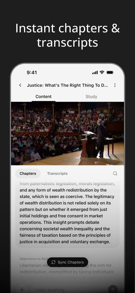 YouLearn app interface showing automated chapters and transcripts generated from a video lecture