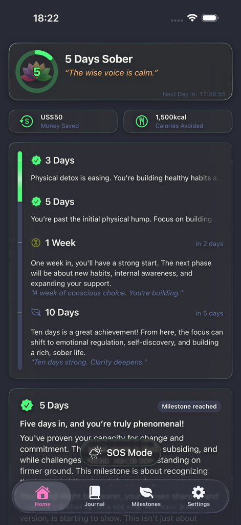 Simple Sober Tracker - Dashboard of Simple Sober Tracker app showing 5 days sober streak money saved and calories avoided