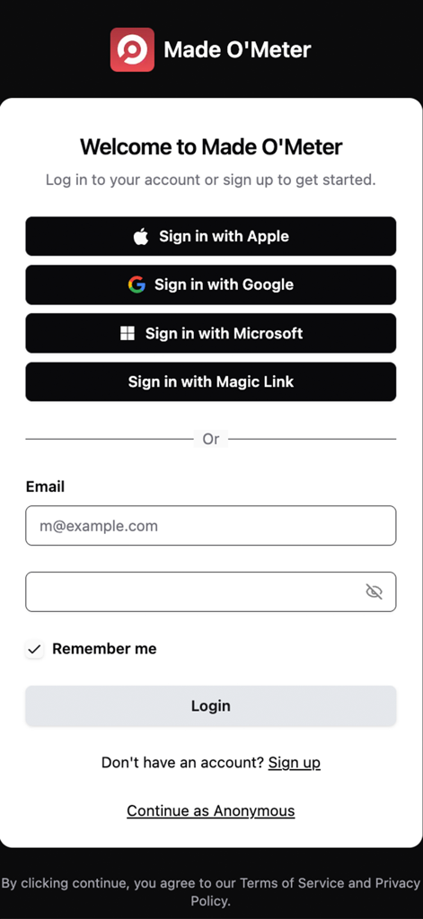 Made O'Meter - Tela de login do aplicativo Made O Meter com opções para entrar usando Apple Google Microsoft ou e-mail