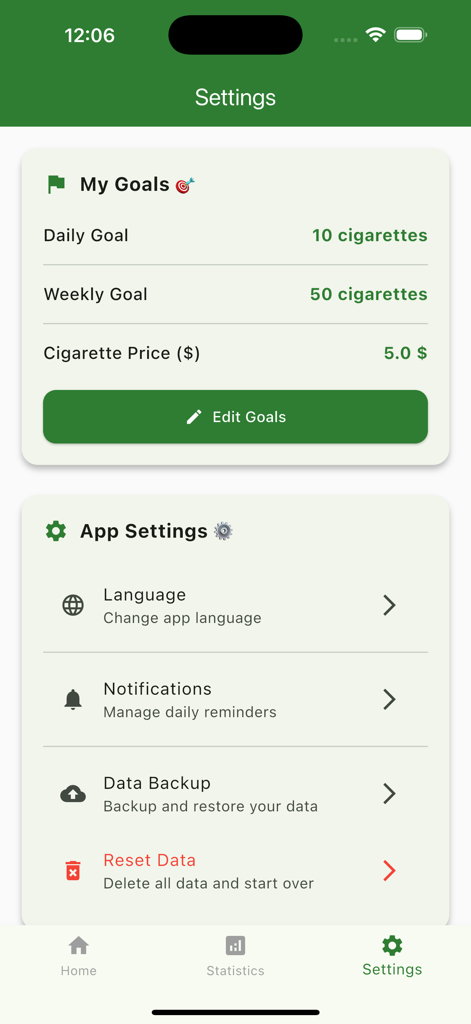 Smoke Log PureBreath settings interface showing daily smoking goals and cigarette price configuration.