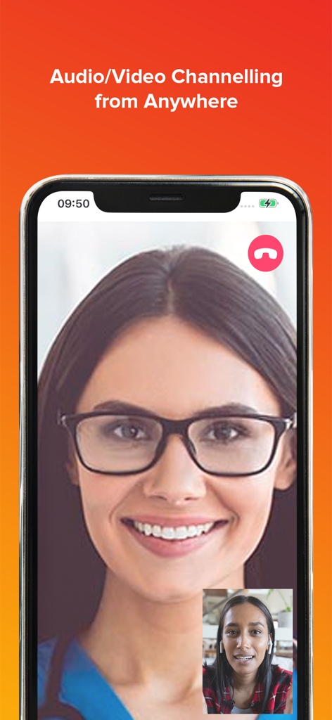 A mobile screen showing a video consultation between a doctor and a patient on the Doc990 app