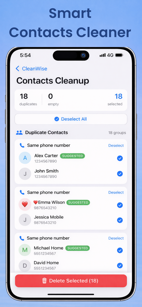 CleanWise: Storage Cleaner - CleanWise mobile app interface showing the smart contacts cleaner tool to remove duplicate entries