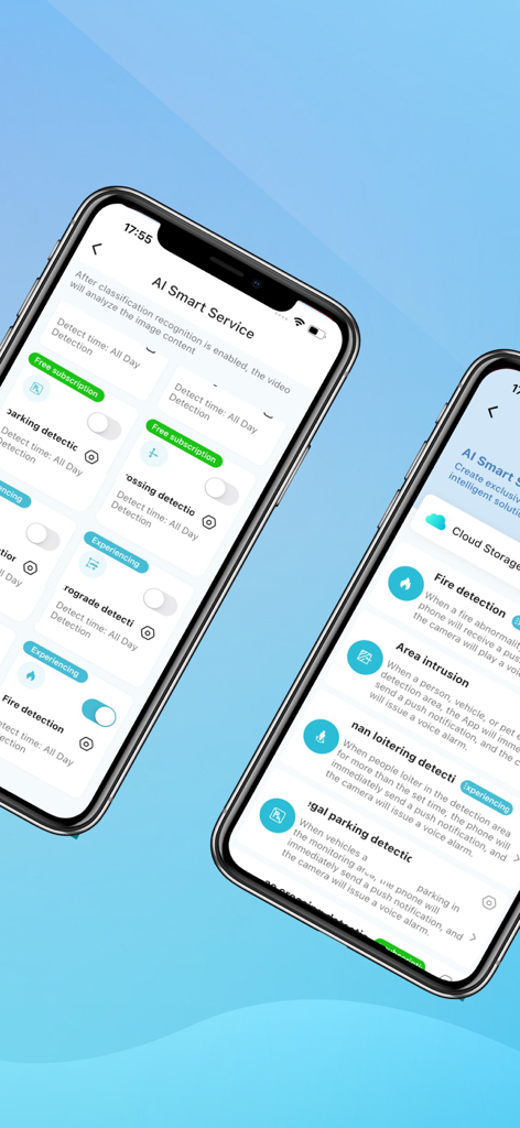 두 개의 스마트폰에 O-KAM Pro 앱 AI 스마트 서비스 인터페이스가 표시되며, 화재 감지 영역 침입 및 주차 모니터링 기능이 있습니다.