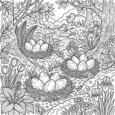 Journey back in time to a vibrant spring landscape where ancient dinosaur egg nests await your creative touch. This engaging coloring page blends prehistoric marvels with the beauty of a blossoming season.