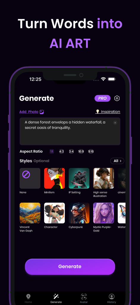 AI Fantasy- AI Image Generator - AI Fantasy app screen for generating art from text prompts with style selections
