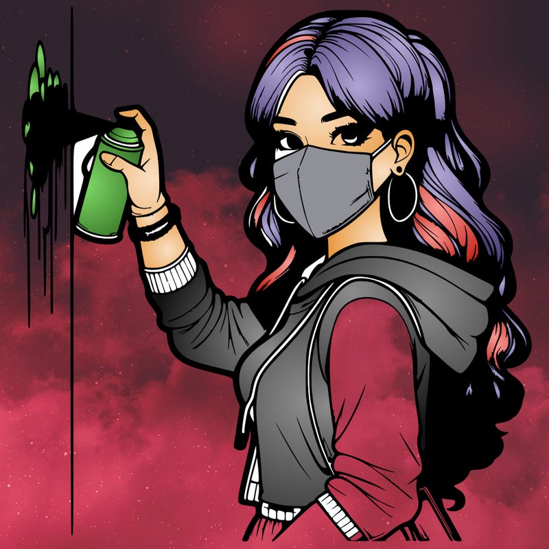 realistic girl with mask spray painting a wall