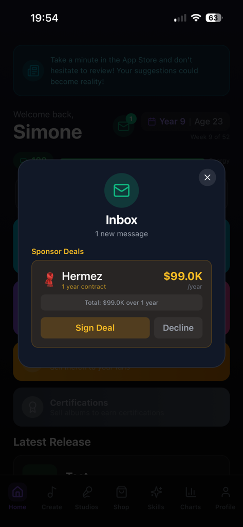 Musician Career Simulator - Sponsorship contract offer screen in Musician Career Simulator