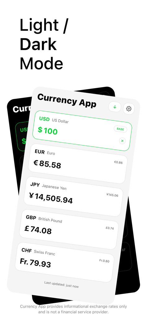 Currency App interface showing real-time exchange rates in light and dark mode for multiple currencies