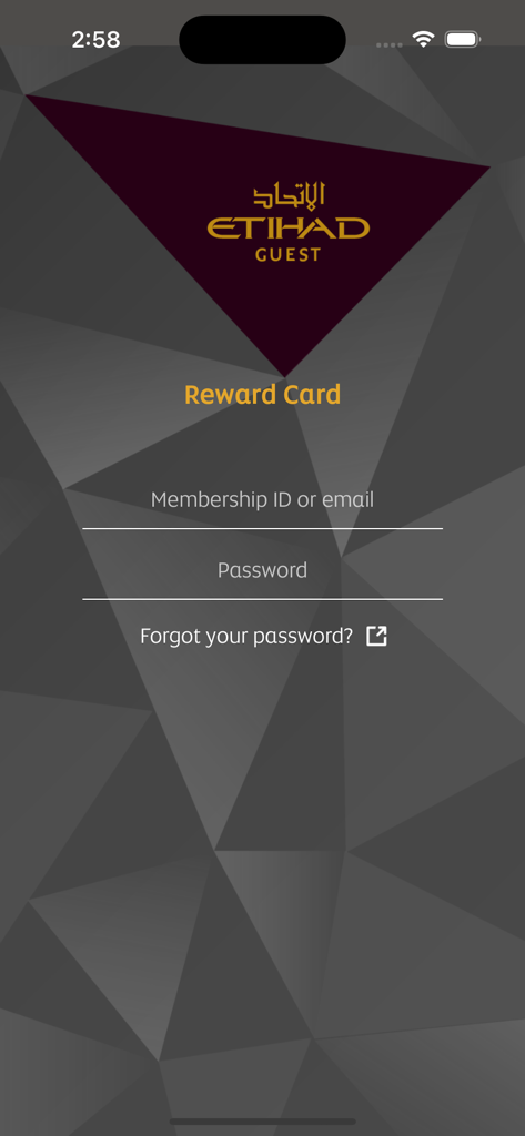 Reward Card - Etihad Guest Reward Card login screen showing membership ID and password input fields