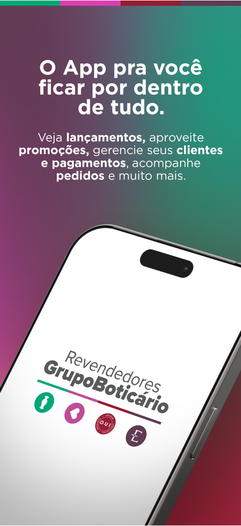 Revendedores Grupo Boticário app interface for managing beauty sales and orders