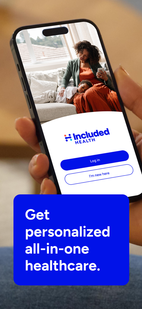 Included Health - Écran de connexion de l'application Santé inclus sur un smartphone affichant un message pour des soins de santé personnalisés et tout-en-un