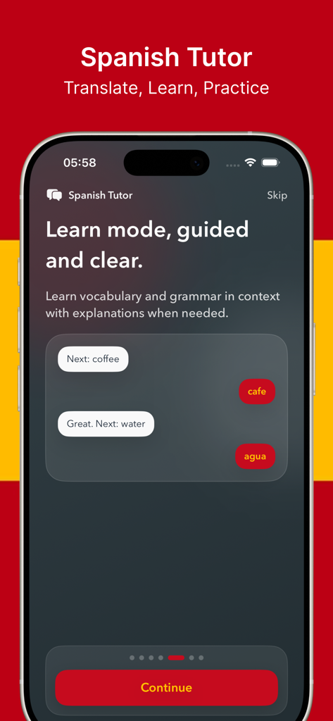 A smartphone screen showing the Spanish Tutor app's guided learn mode for vocabulary practice through a chat interface.