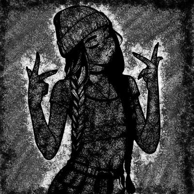 realistic teenage girl with braids and a beanie and crop top doing 🫶🏼