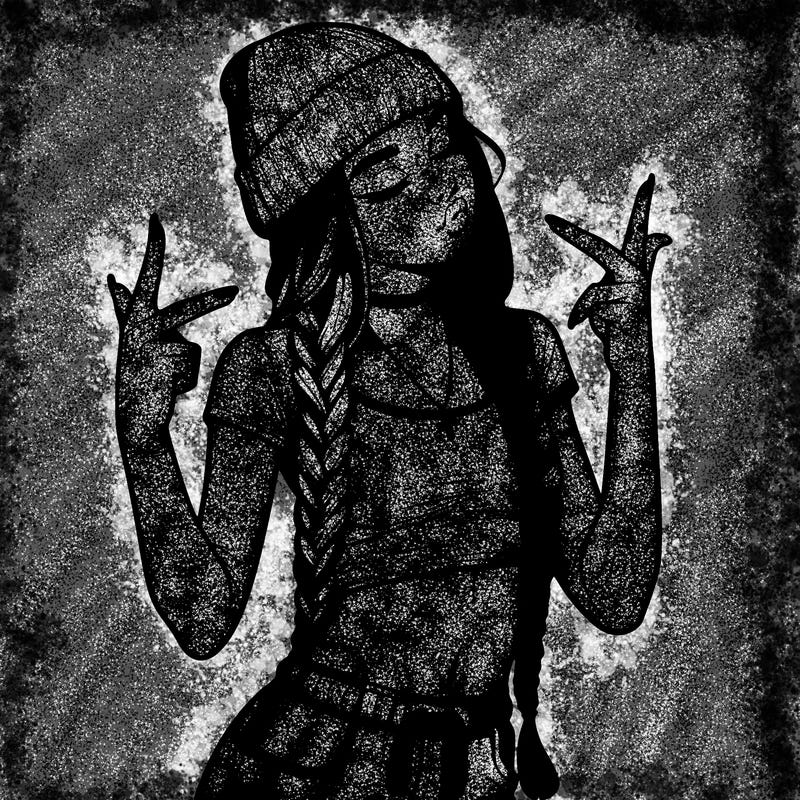 realistic teenage girl with braids and a beanie and crop top doing 🫶🏼