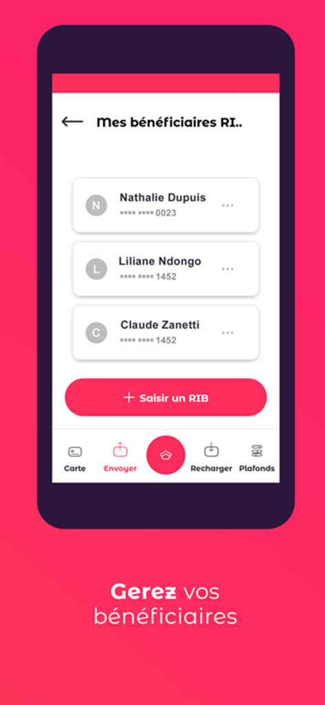 MyPCS mobile app interface showing a list of beneficiaries for money transfers