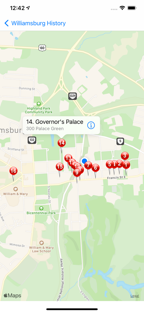 Colonial Williamsburg History - A map interface showing numbered pins for historical landmarks in Colonial Williamsburg.