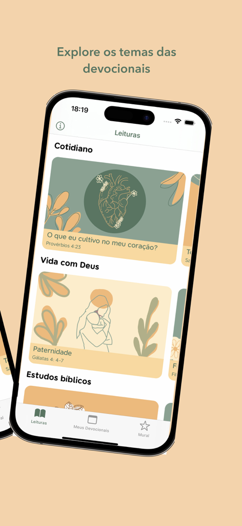 Meu Devocional - Smartphone screen of the Meu Devocional app showing religious study categories with aesthetic illustrations.