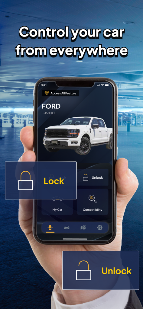 Sync: Ford Car Play Connect - Car Play Connectアプリでフォードトラックのリモートロックおよびロック解除コントロールを表示するスマートフォン