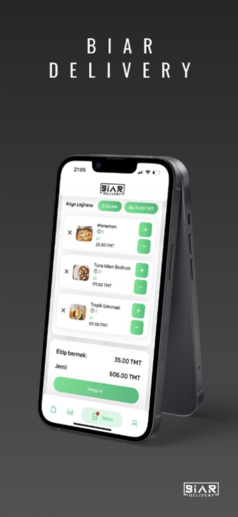 Biar Delivery - Biar Delivery app interface on an iPhone showing a food order cart with items and total price