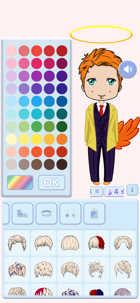 Chibi Boy – Avatar Creator - Chibi Boy avatar creator app interface showing character customization with a color palette and various hairstyle options.
