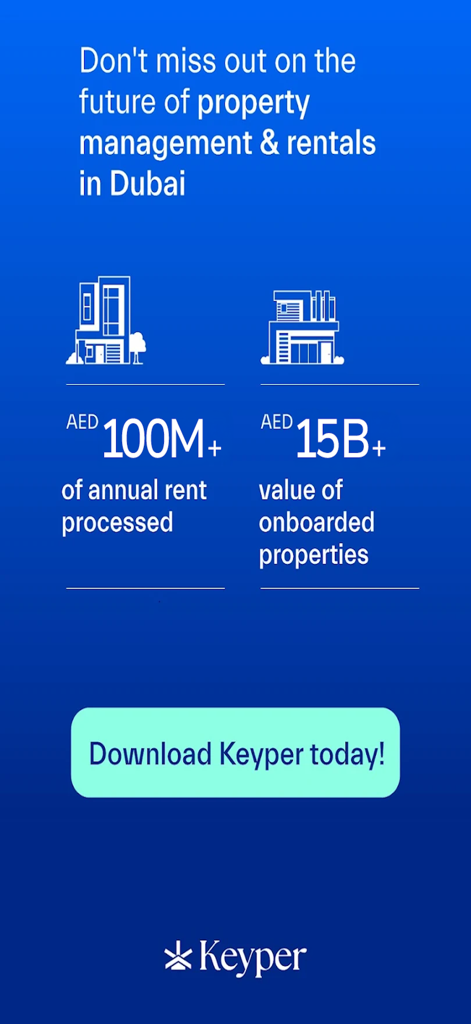 Keyper: Manage & Rent Property - Keyper app marketing screen showing 100 million AED annual rent processed and 15 billion AED property value.