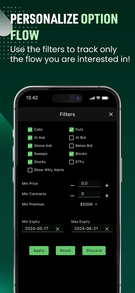 Option Signals - Live Alerts - Mobile app interface showing personalization filters for options trading flow signals
