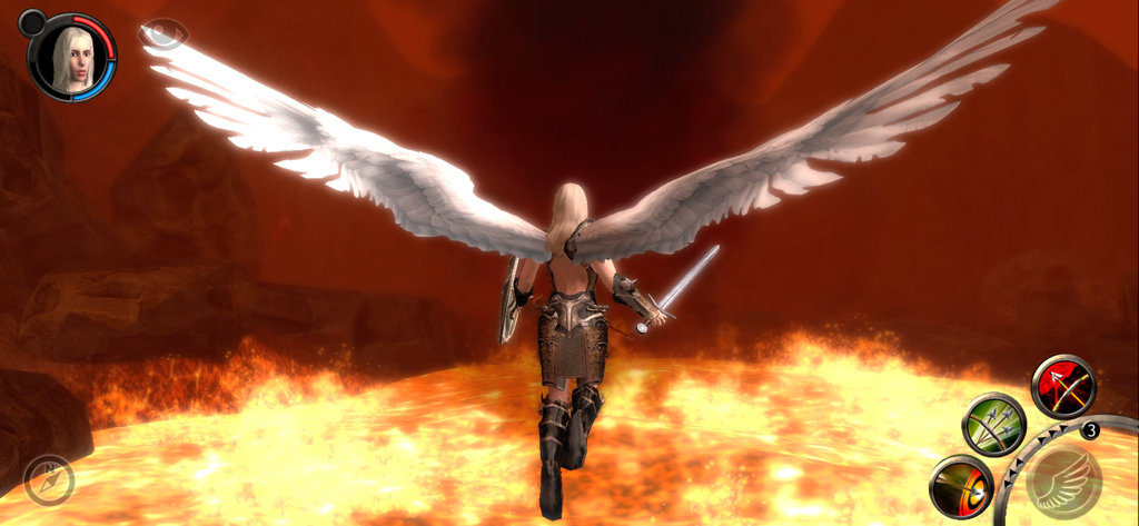 Angel Sword: 3D RPG - Angel character with large white wings and sword overlooking a lava landscape in Angel Sword 3D RPG