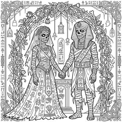 Witness an eternal union with this unique coloring page featuring a reanimated mummy bride and groom. Adorned in macabre wedding attire and surrounded by ancient Egyptian symbols, this design offers a truly otherworldly coloring adventure.