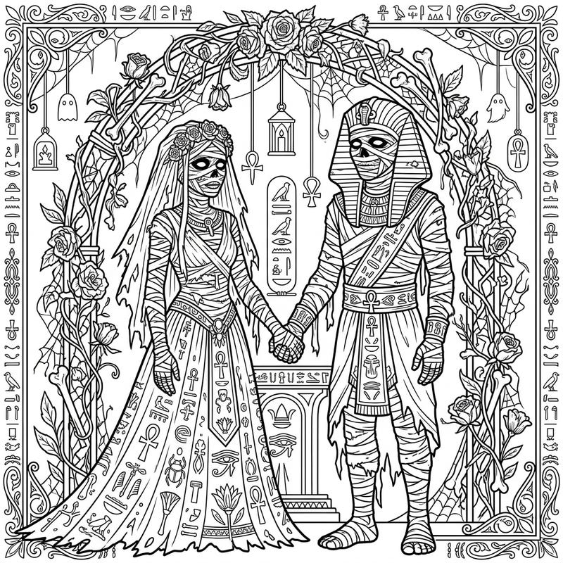 Witness an eternal union with this unique coloring page featuring a reanimated mummy bride and groom. Adorned in macabre wedding attire and surrounded by ancient Egyptian symbols, this design offers a truly otherworldly coloring adventure.