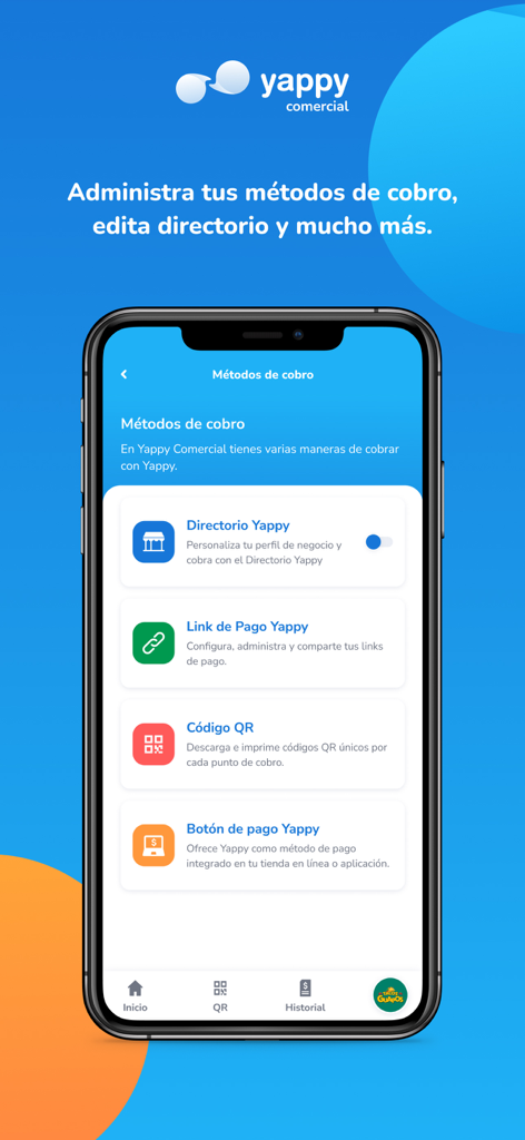 Yappy Comercial - Smartphone screen displaying various payment methods in the Yappy Comercial app including QR codes and payment links