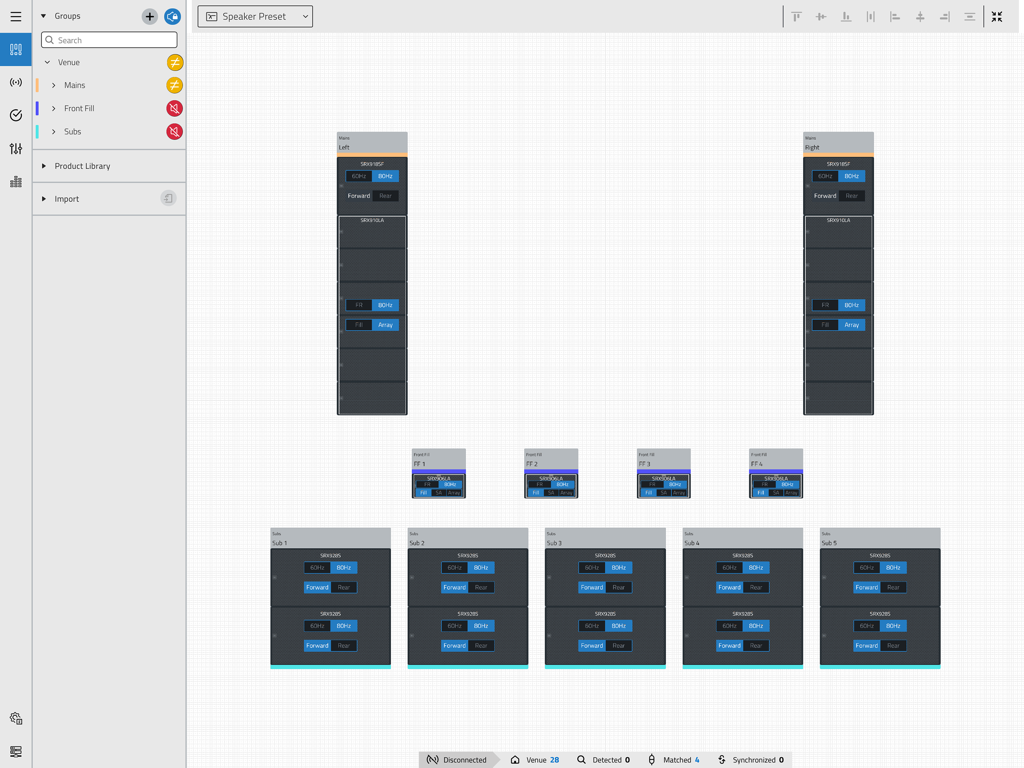 JBL Performance - JBL Performance app visual system design interface showing speaker configurations and group management