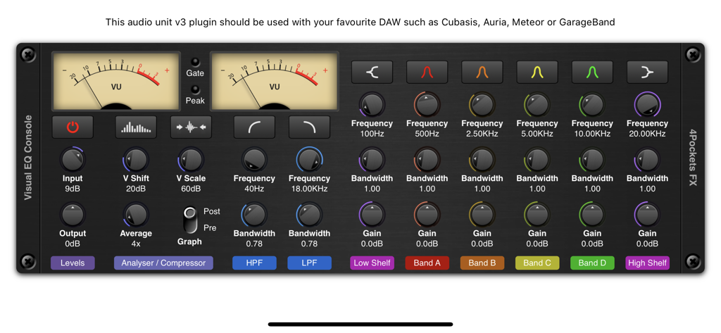 Visual EQ Console AUv3 plugin interface with analog style VU meters and frequency control knobs