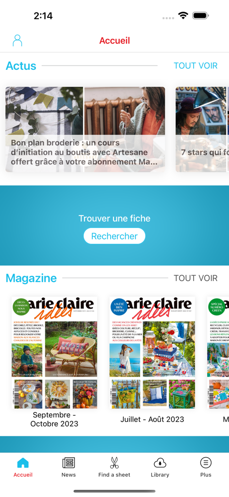 Marie Claire Idées - Marie Claire Idees app home screen showing news articles and magazine issues