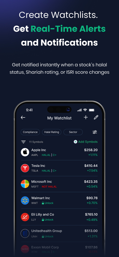 Musaffa app screenshot showing a stock watchlist with real-time halal status compliance and Shariah ratings