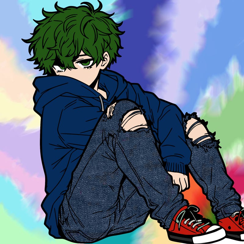 a male hoddie ripped jeans messy hair anime